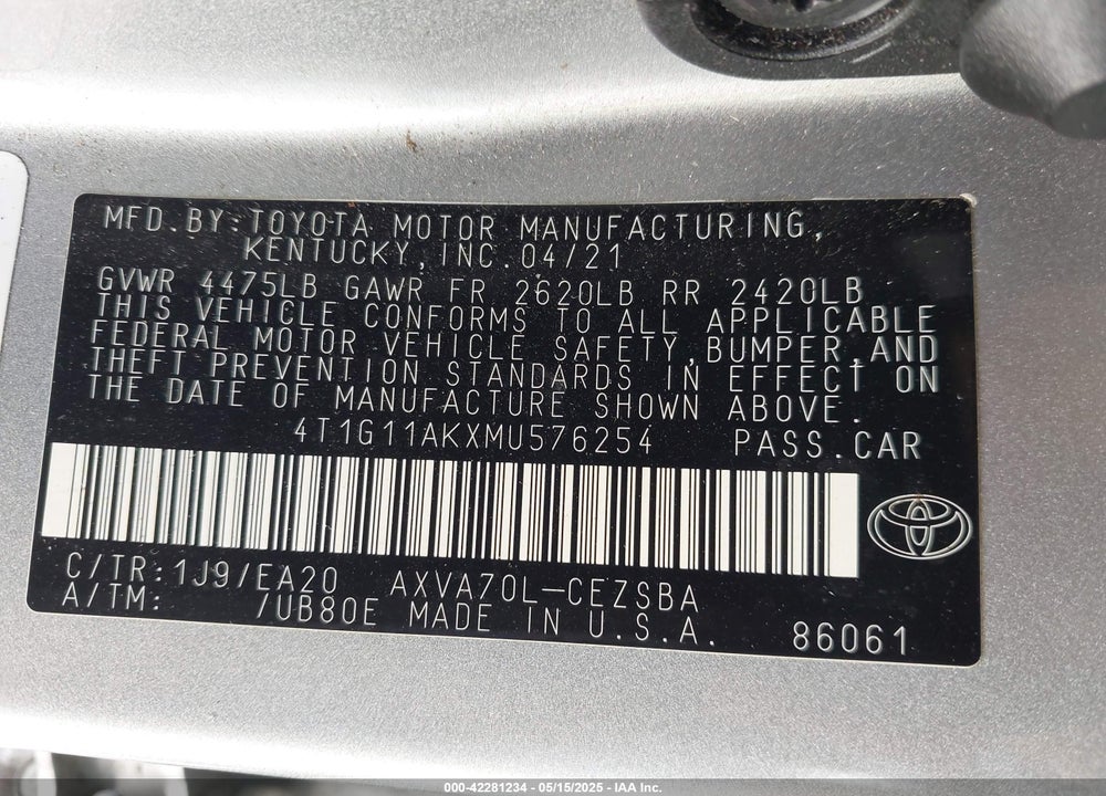 2021 TOYOTA CAMRY VIN: 4T1G11AKXMU576254
