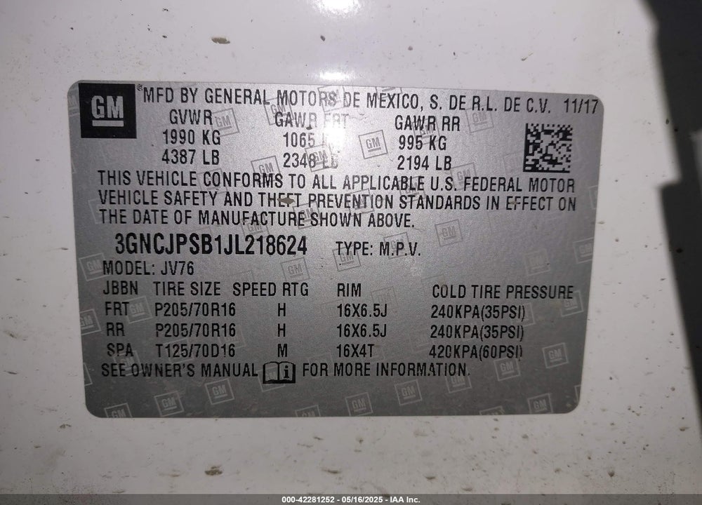 2018 CHEVROLET TRAX VIN: 3GNCJPSB1JL218624