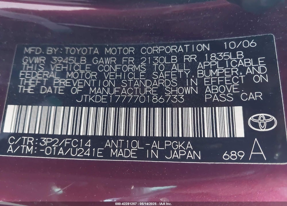 2007 SCION TC VIN: JTKDE177770186733