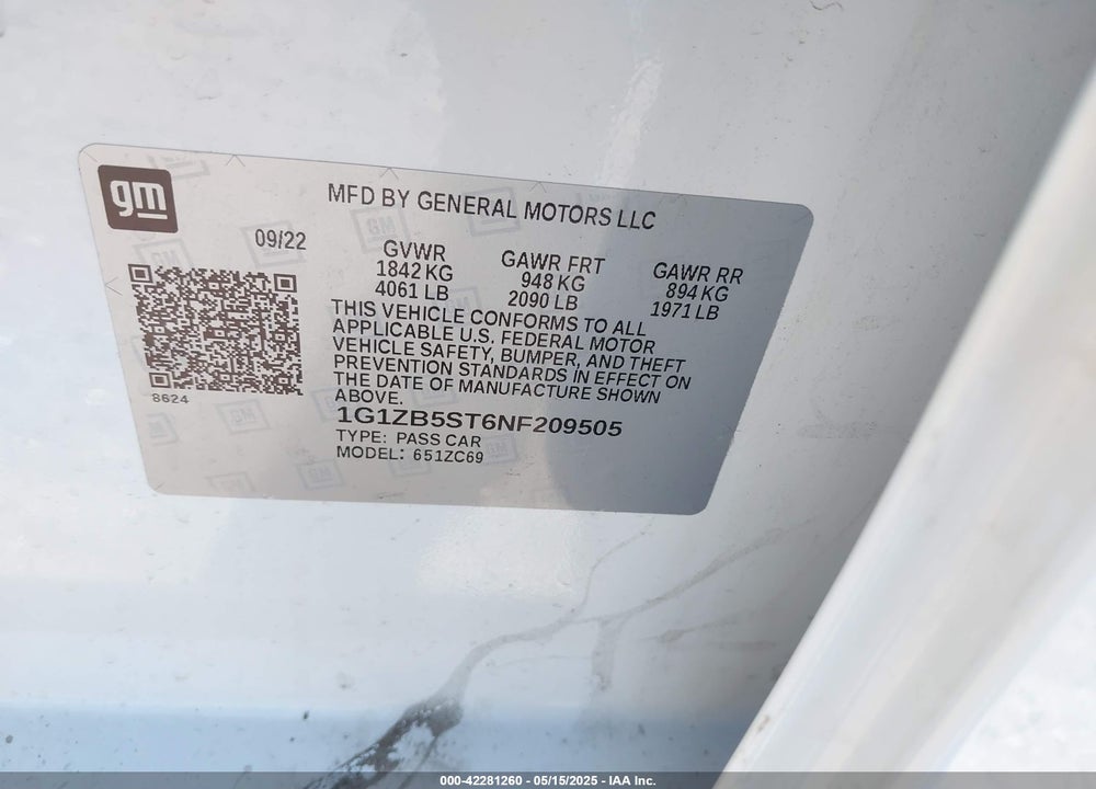 2022 CHEVROLET MALIBU VIN: 1G1ZB5ST6NF209505
