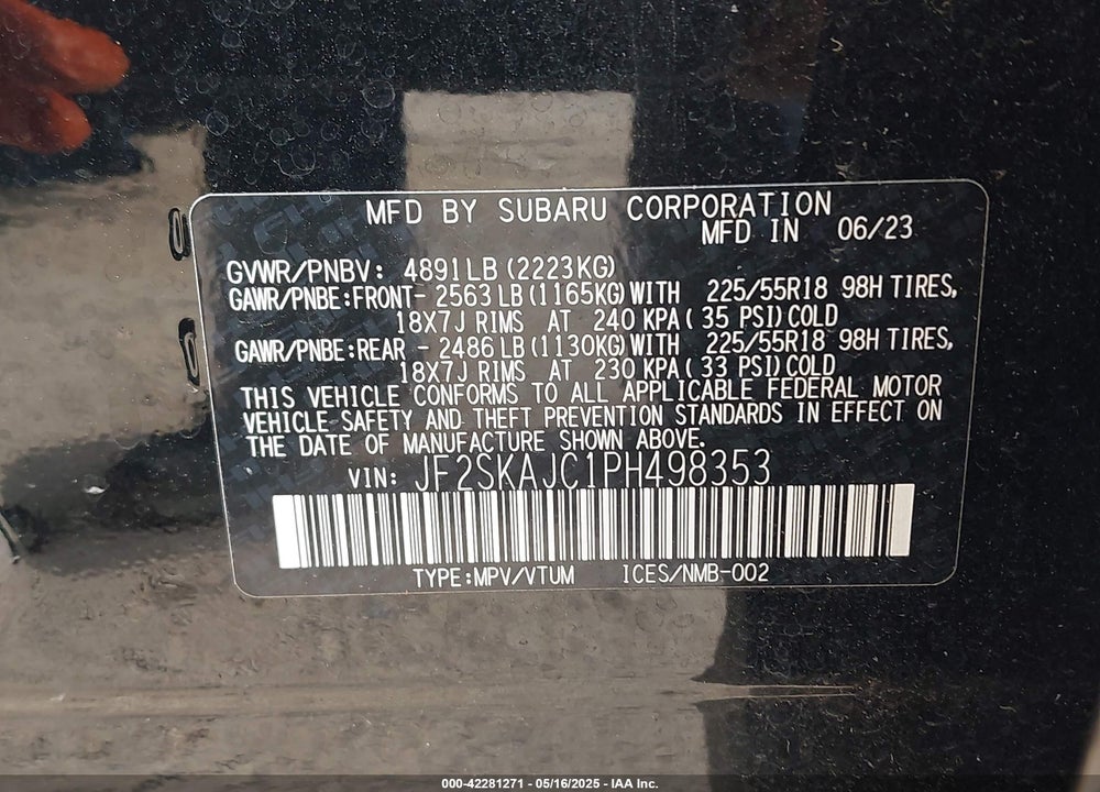 2023 SUBARU FORESTER SPORT VIN: JF2SKAJC1PH498353