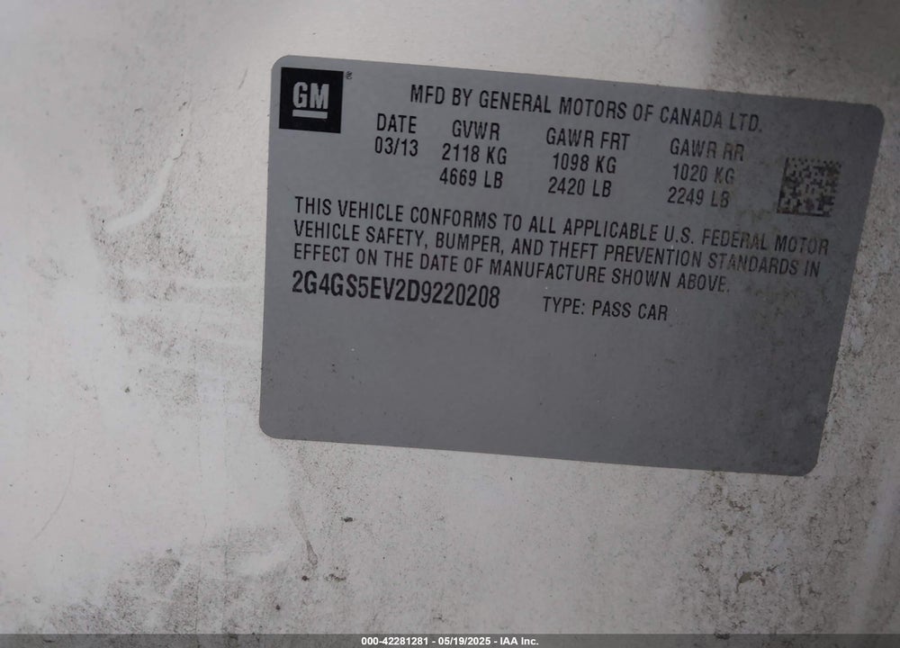 2013 BUICK REGAL TURBO PREMIUM 1 VIN: 2G4GS5EV2D9220208