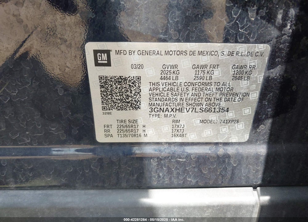 2020 CHEVROLET EQUINOX VIN: 3GNAXHEV7LS661354
