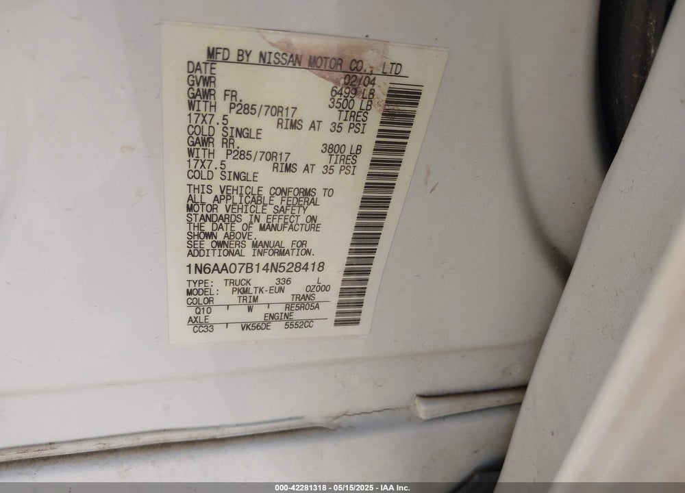 2004 NISSAN TITAN SE VIN: 1N6AA07B14N528418