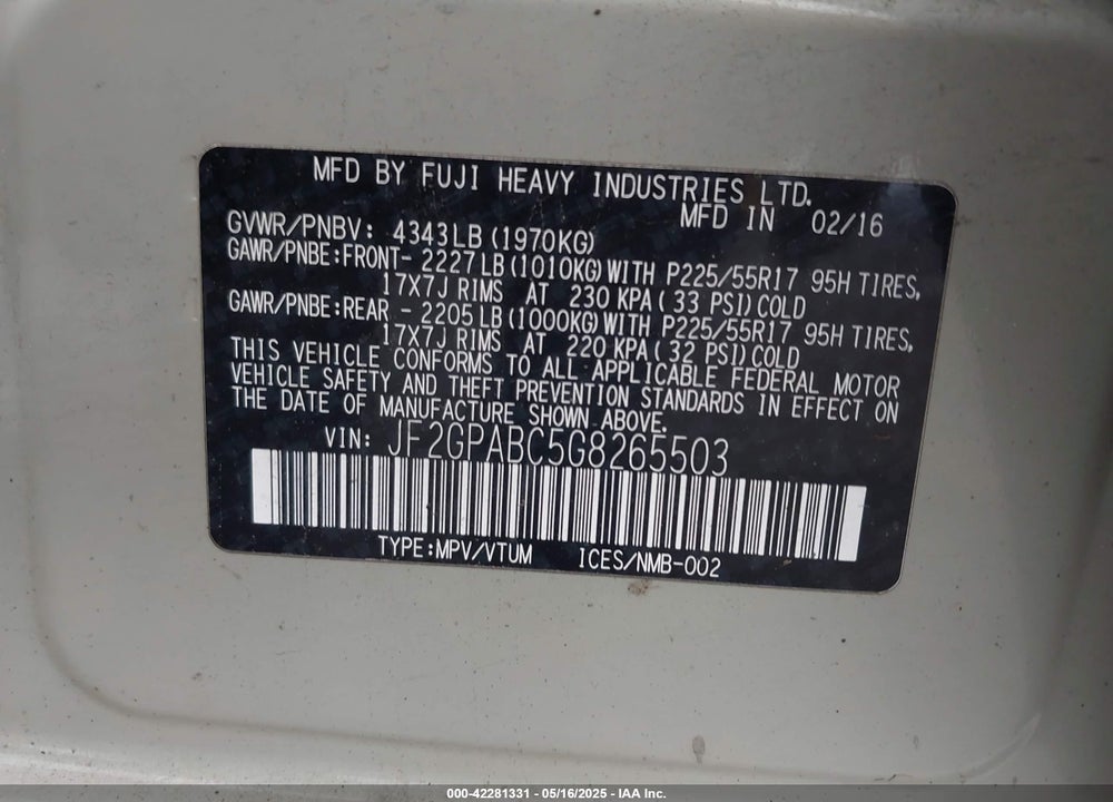 2016 SUBARU CROSSTREK 2.0I PREMIUM VIN: JF2GPABC5G8265503
