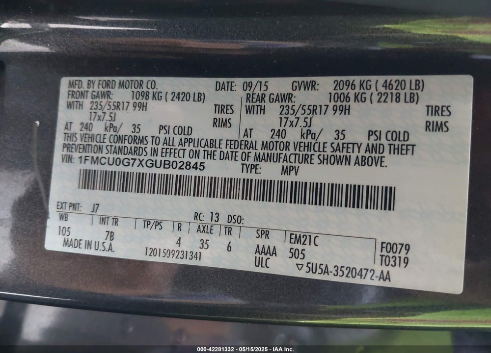 2016 FORD ESCAPE VIN: 1FMCU0G7XGUB02845