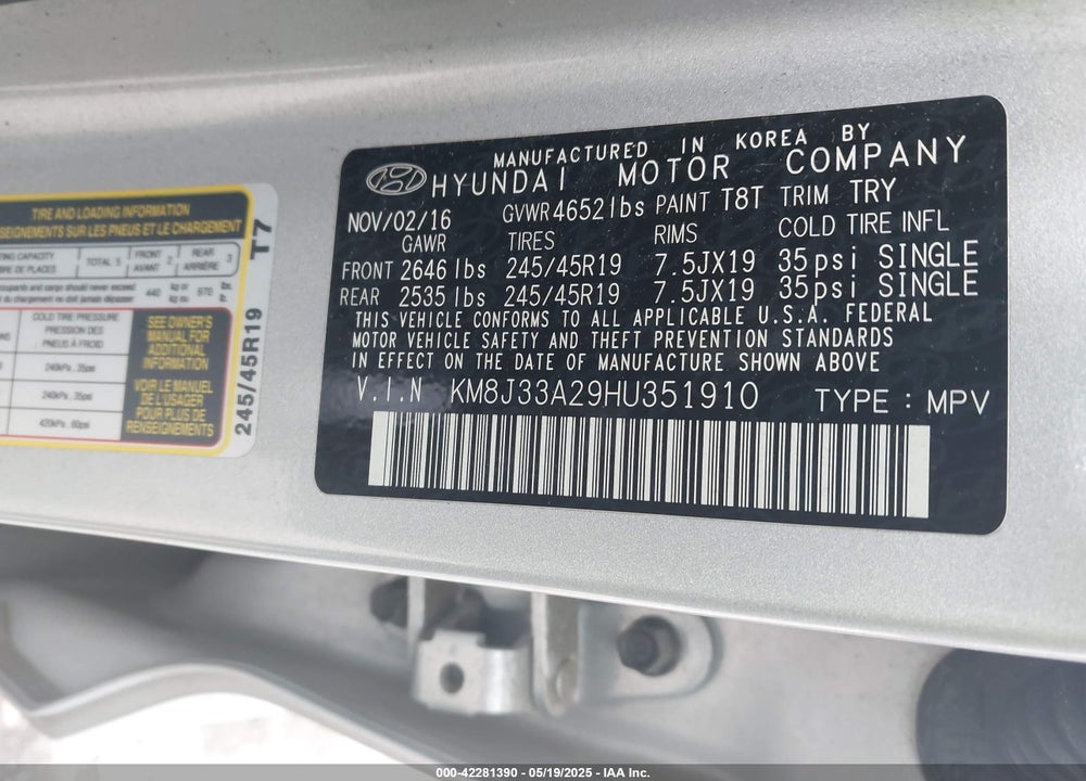 2017 HYUNDAI TUCSON LIMITED VIN: KM8J33A29HU351910