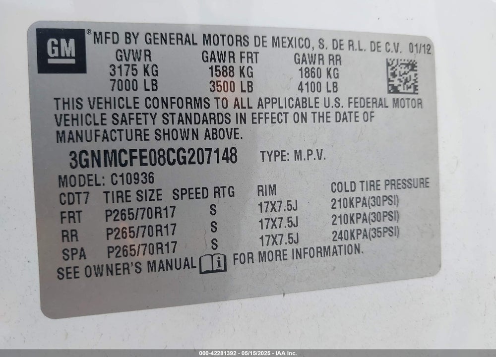 2012 CHEVROLET AVALANCHE VIN: 3GNMCFE08CG207148