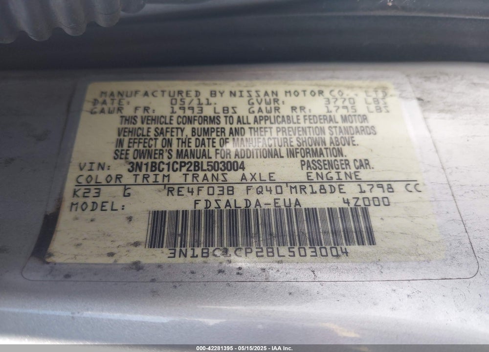 2011 NISSAN VERSA VIN: 3N1BC1CP2BL503004