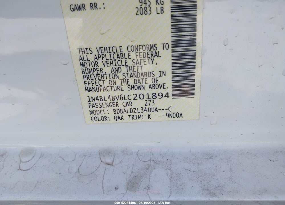 2020 NISSAN ALTIMA VIN: 1N4BL4BV6LC201894