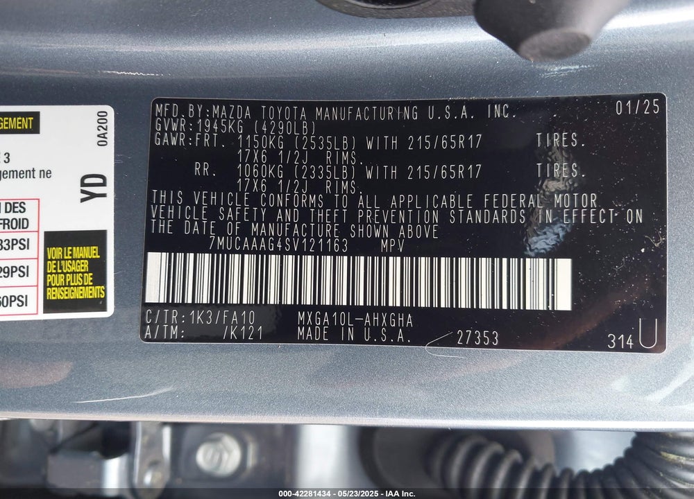 2025 TOYOTA COROLLA CROSS VIN: 7MUCAAAG4SV121163