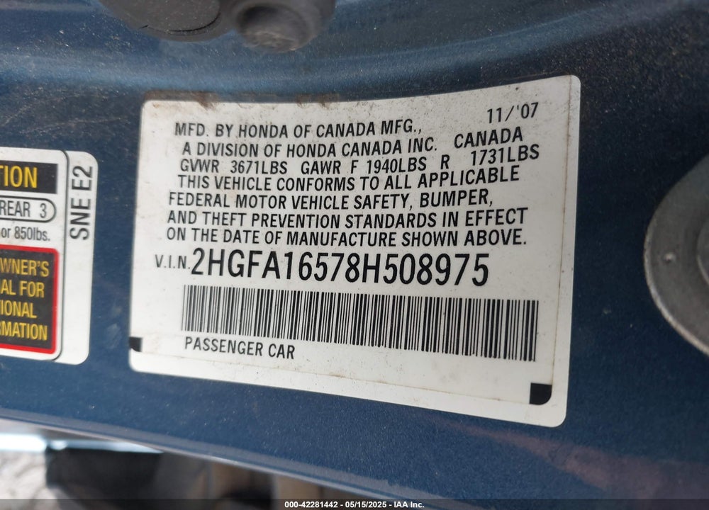 2008 HONDA CIVIC VIN: 2HGFA16578H508975