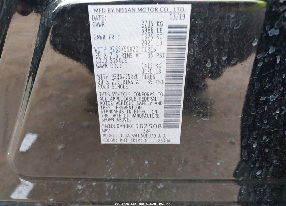 2019 INFINITI QX60 LUXE VIN: 5N1DL0MN0KC562508