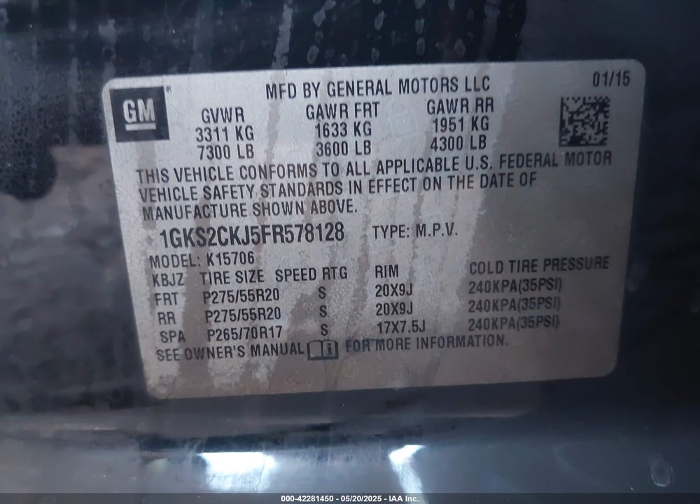 2015 GMC YUKON DENALI VIN: 1GKS2CKJ5FR578128