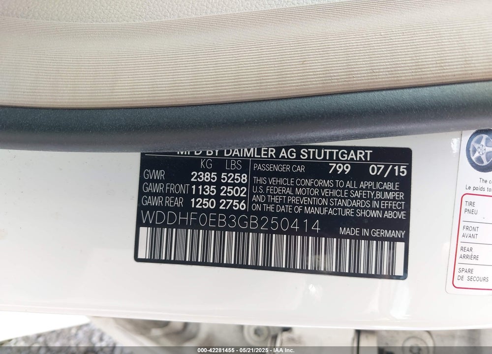2016 MERCEDES-BENZ E VIN: WDDHF0EB3GB250414