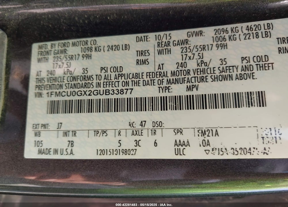 2016 FORD ESCAPE VIN: 1FMCU0GX2GUB33877