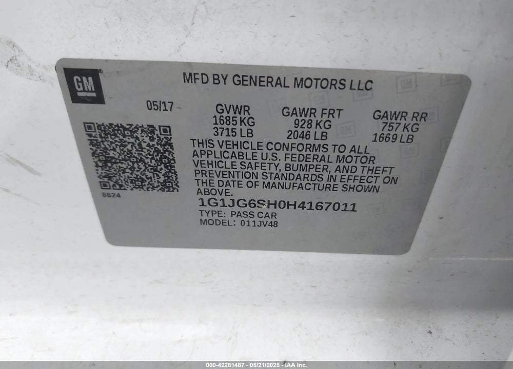 2017 CHEVROLET SONIC LT AUTO VIN: 1G1JG6SH0H4167011