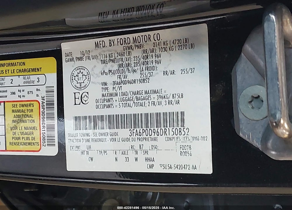 2013 FORD FUSION TITANIUM VIN: 3FA6P0D96DR150852