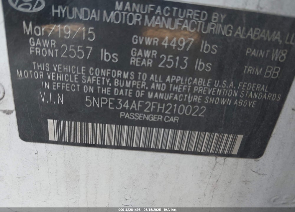 2015 HYUNDAI SONATA VIN: 5NPE34AF2FH210022
