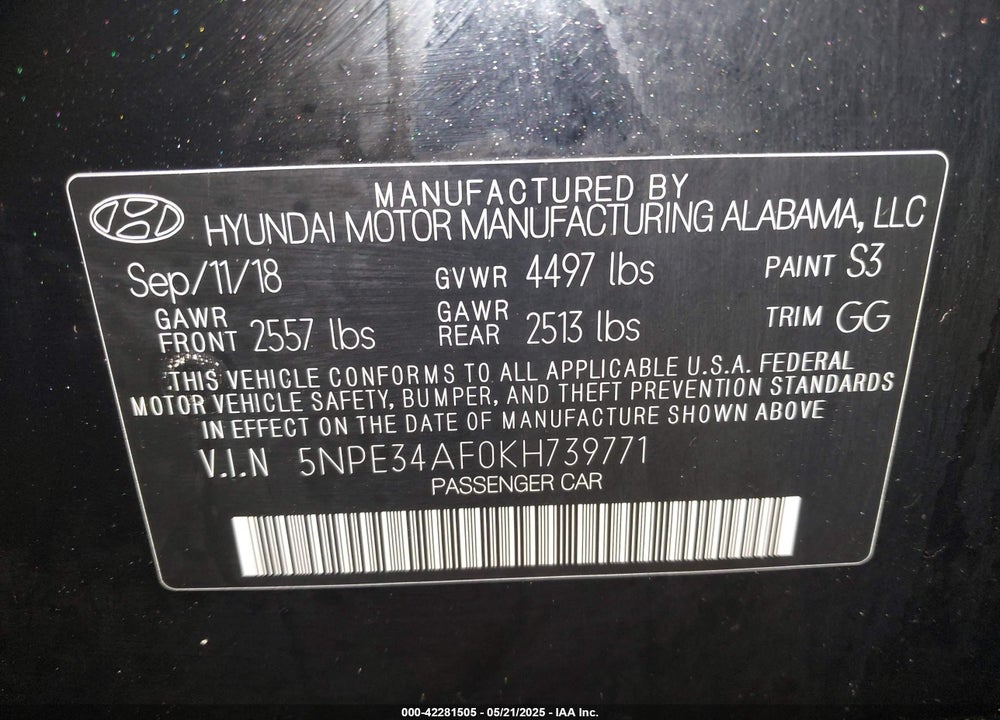 2019 HYUNDAI SONATA VIN: 5NPE34AF0KH739771