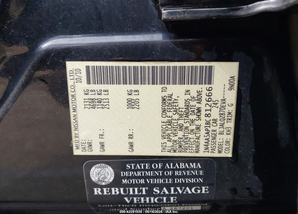 2011 NISSAN MAXIMA VIN: 1N4AA5AP1BC812666