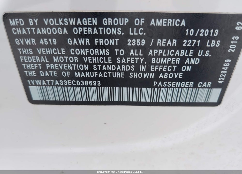 2014 VOLKSWAGEN PASSAT 1.8T WOLFSBURG EDITION VIN: 1VWAT7A33EC038693