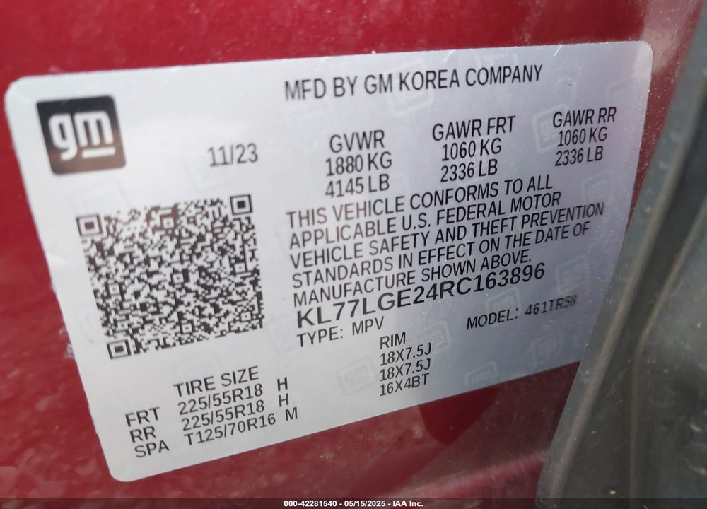 2024 CHEVROLET TRAX FWD 1RS VIN: KL77LGE24RC163896