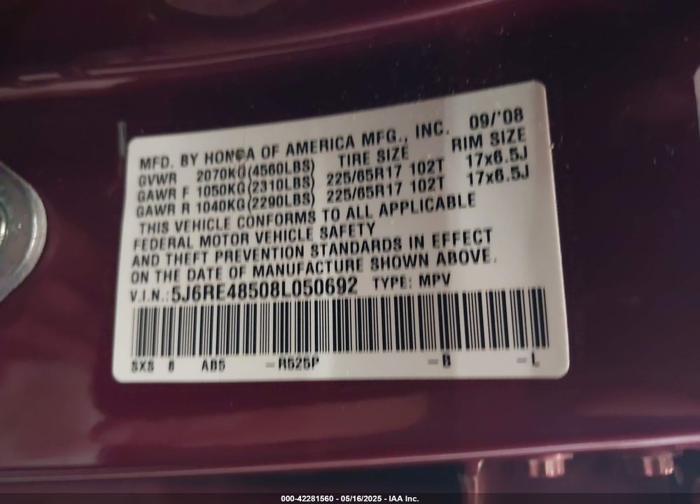 2008 HONDA CR-V EX VIN: 5J6RE48508L050692