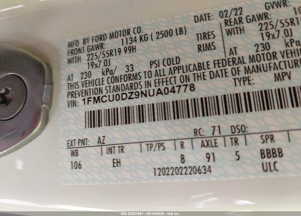 2022 FORD ESCAPE TITANIUM HYBRID VIN: 1FMCU0DZ9NUA04778