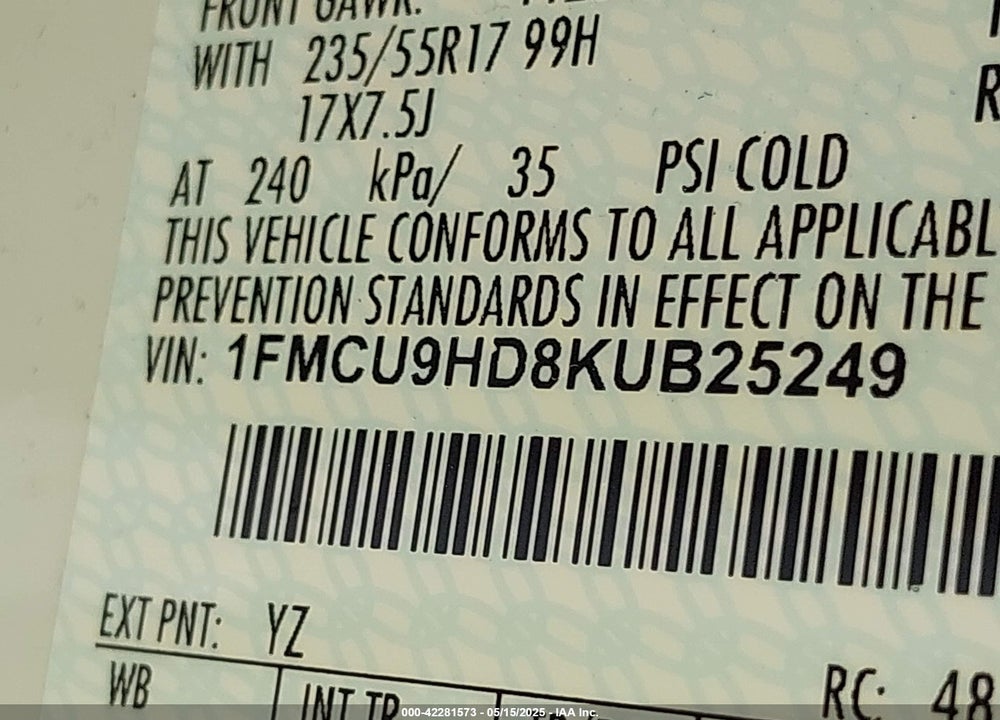 2019 FORD ESCAPE SEL VIN: 1FMCU9HD8KUB25249