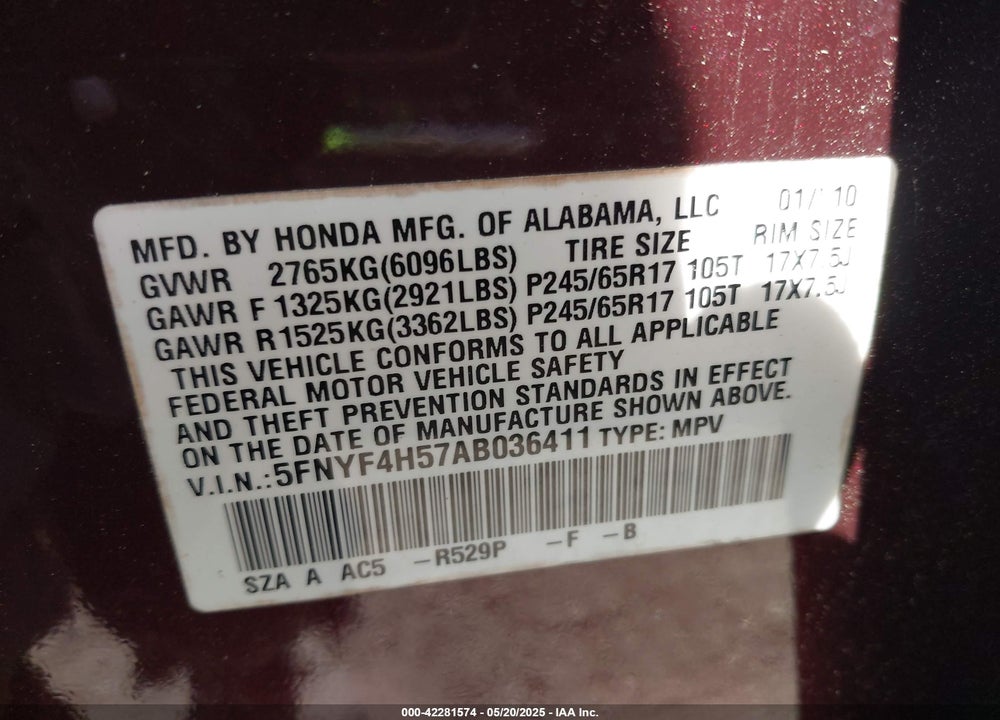 2010 HONDA PILOT EX-L VIN: 5FNYF4H57AB036411