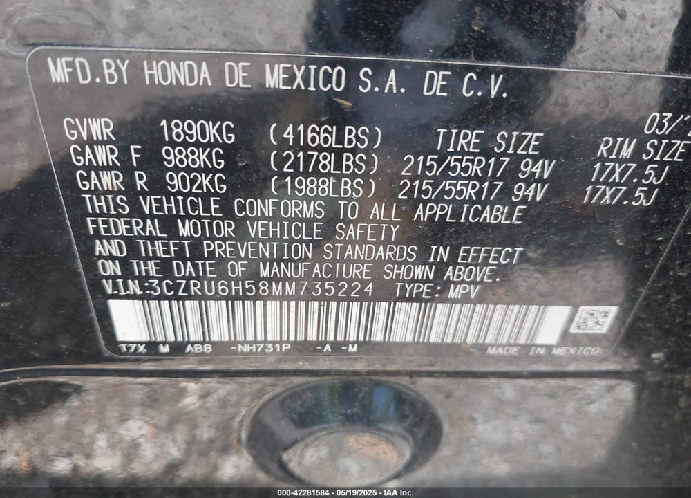 2021 HONDA HR-V VIN: 3CZRU6H58MM735224