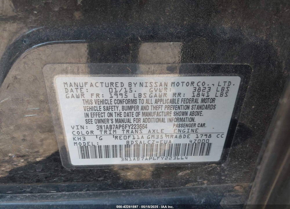 2015 NISSAN SENTRA VIN: 3N1AB7AP6FY223664