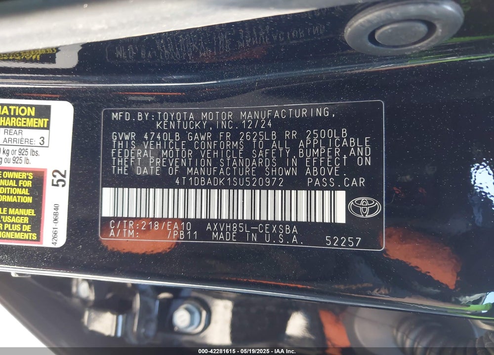 2025 TOYOTA CAMRY SE VIN: 4T1DBADK1SU520972