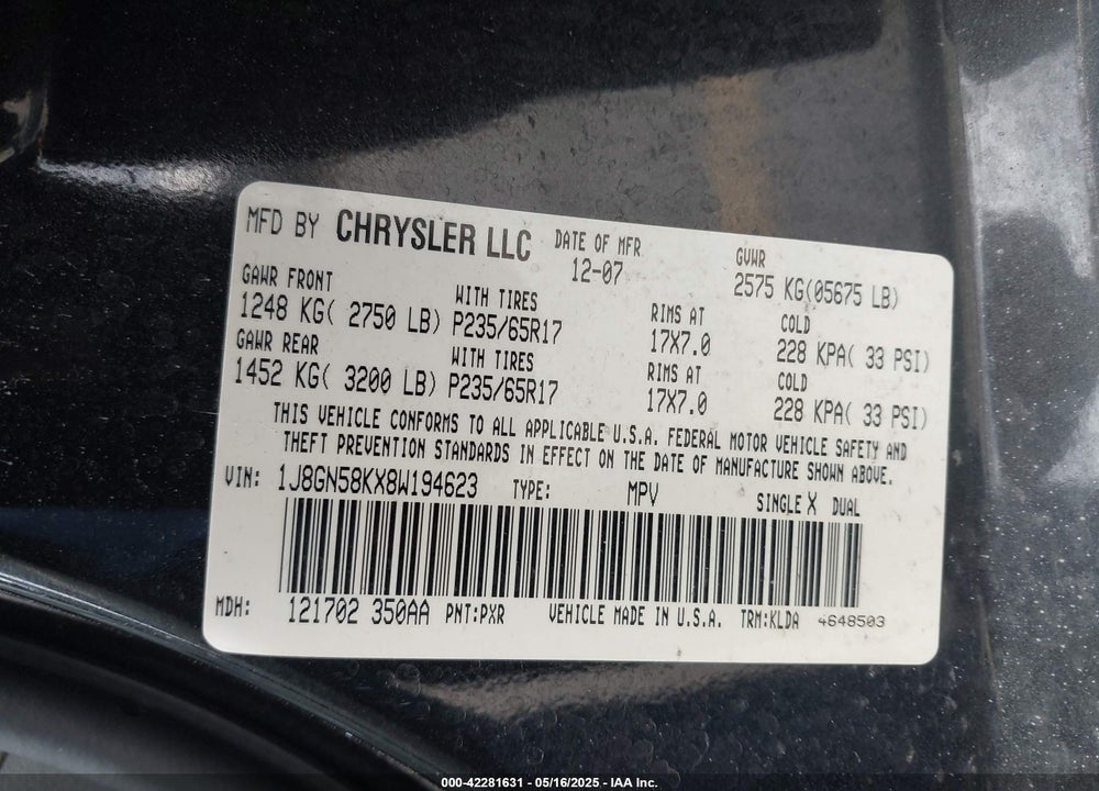 2008 JEEP LIBERTY VIN: 1J8GN58KX8W194623