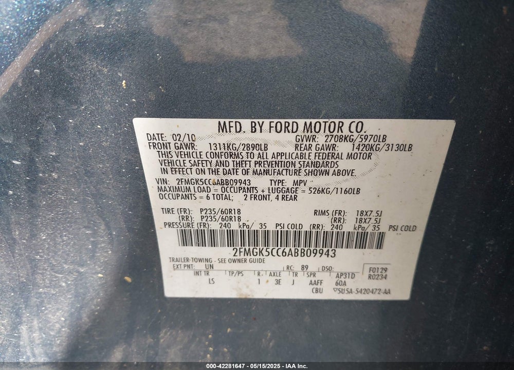 2010 FORD FLEX VIN: 2FMGK5CC6ABB09943