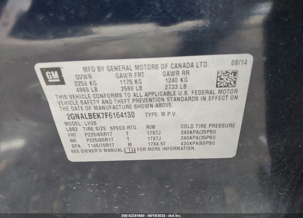 2015 CHEVROLET EQUINOX 1LT VIN: 2GNALBEK7F6164130