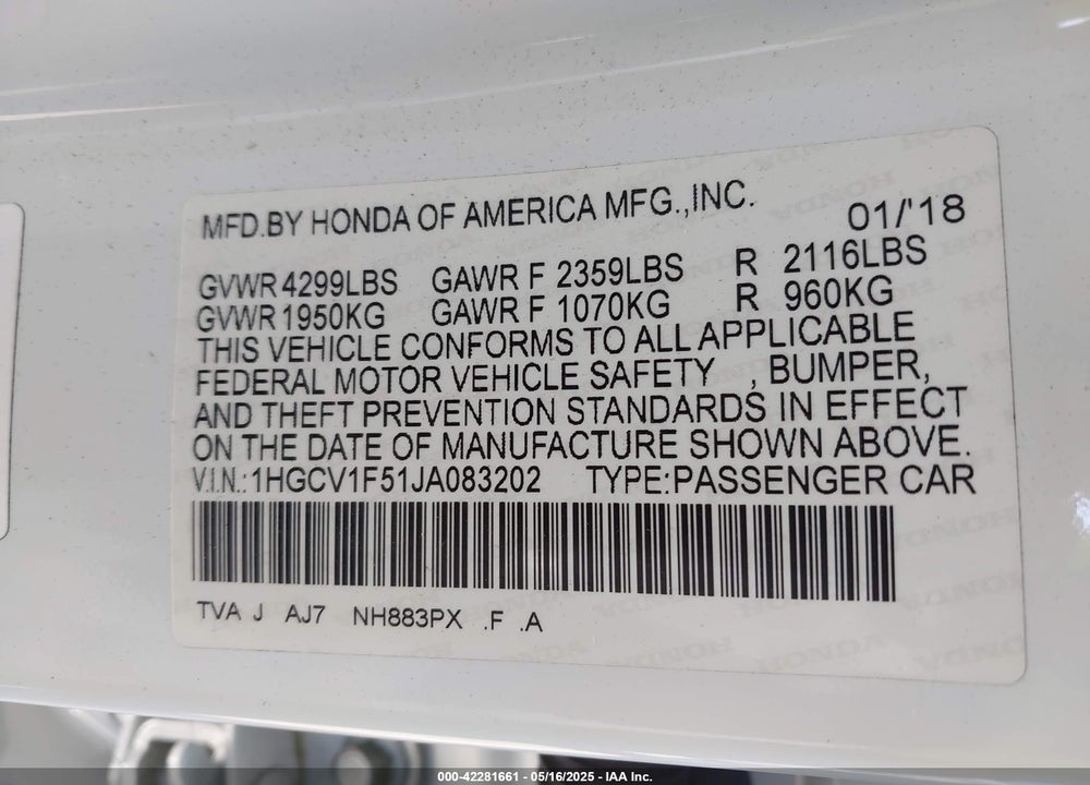 2018 HONDA ACCORD EX-L VIN: 1HGCV1F51JA083202