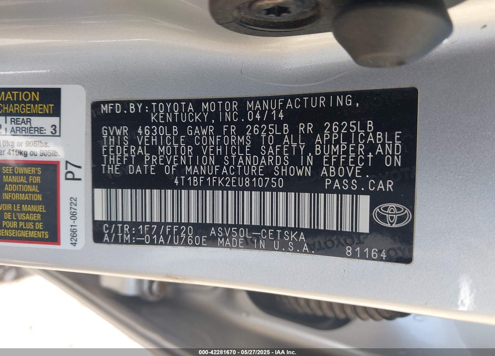 2014 TOYOTA CAMRY VIN: 4T1BF1FK2EU810750
