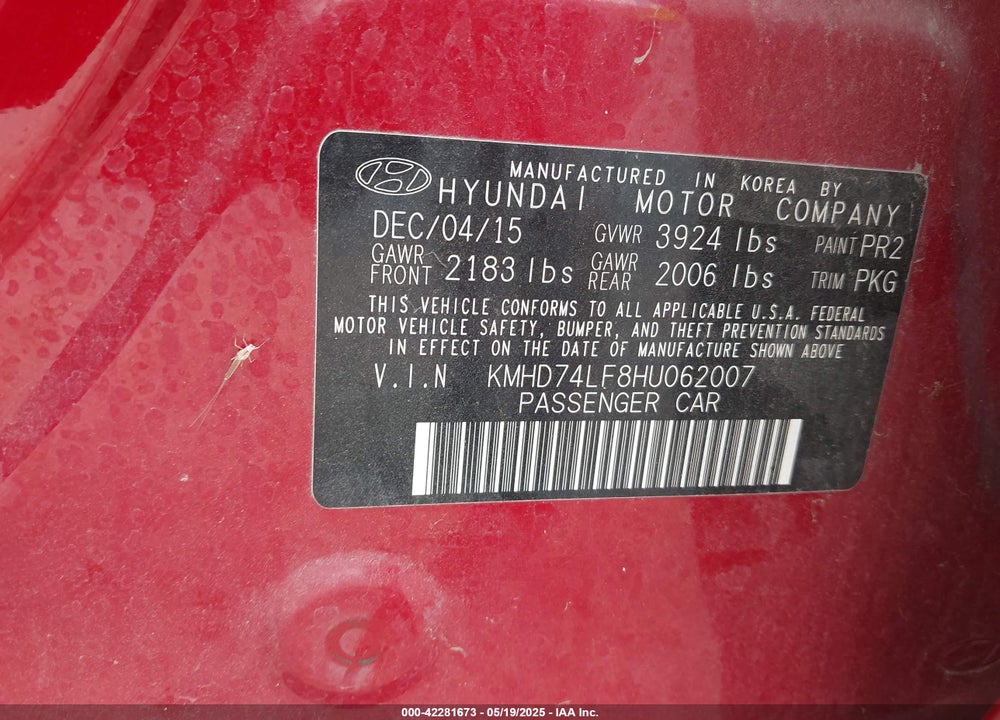 2017 HYUNDAI ELANTRA VIN: KMHD74LF8HU062007