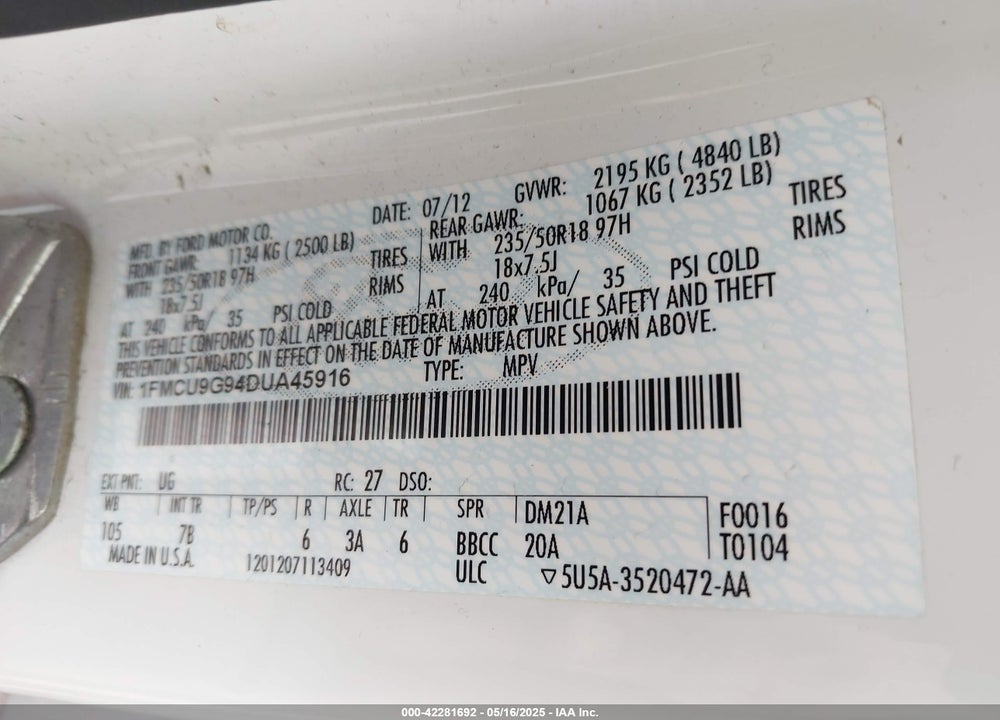 2013 FORD ESCAPE VIN: 1FMCU9G94DUA45916