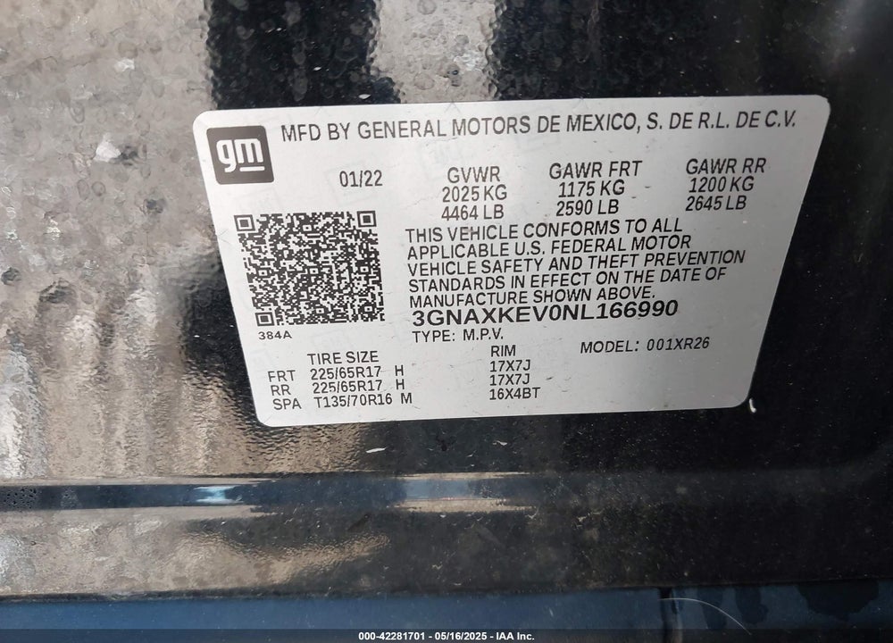 2022 CHEVROLET EQUINOX FWD LT VIN: 3GNAXKEV0NL166990