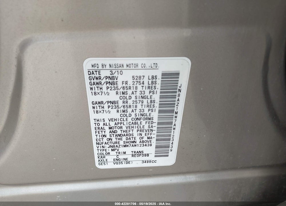 2010 NISSAN MURANO VIN: JN8AZ1MW7AW123439