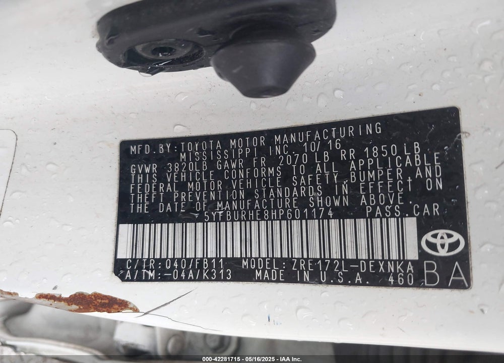 2017 TOYOTA COROLLA VIN: 5YFBURHE8HP601174
