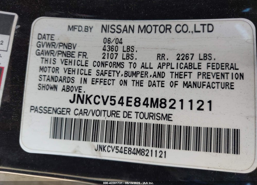 2004 INFINITI G35 VIN: JNKCV54E84M821121