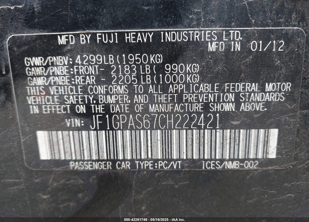 2012 SUBARU IMPREZA VIN: JF1GPAS67CH222421