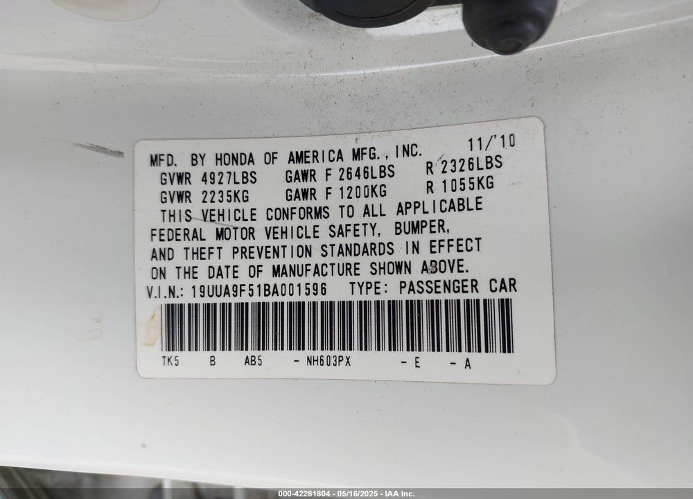 2011 ACURA TL VIN: 19UUA9F51BA001596