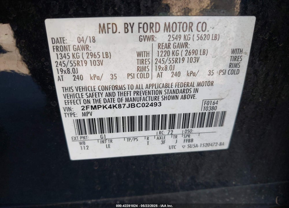 2018 FORD EDGE TITANIUM VIN: 2FMPK4K87JBC02493