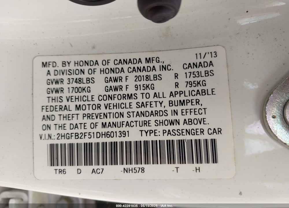 2013 HONDA CIVIC LX VIN: 2HGFB2F51DH601391