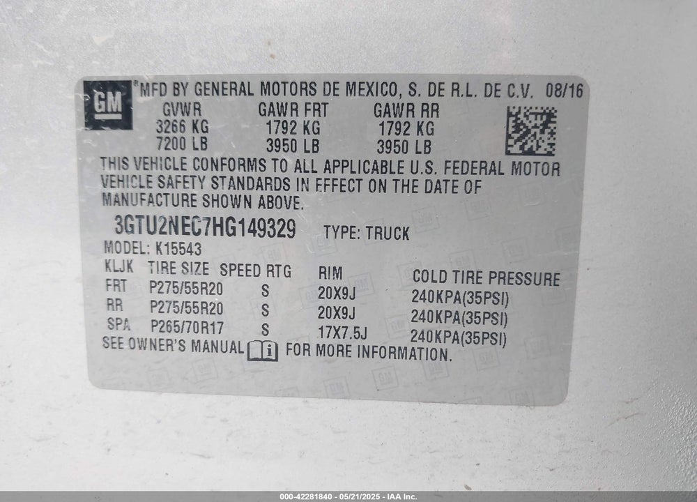 2017 GMC SIERRA 1500 VIN: 3GTU2NEC7HG149329